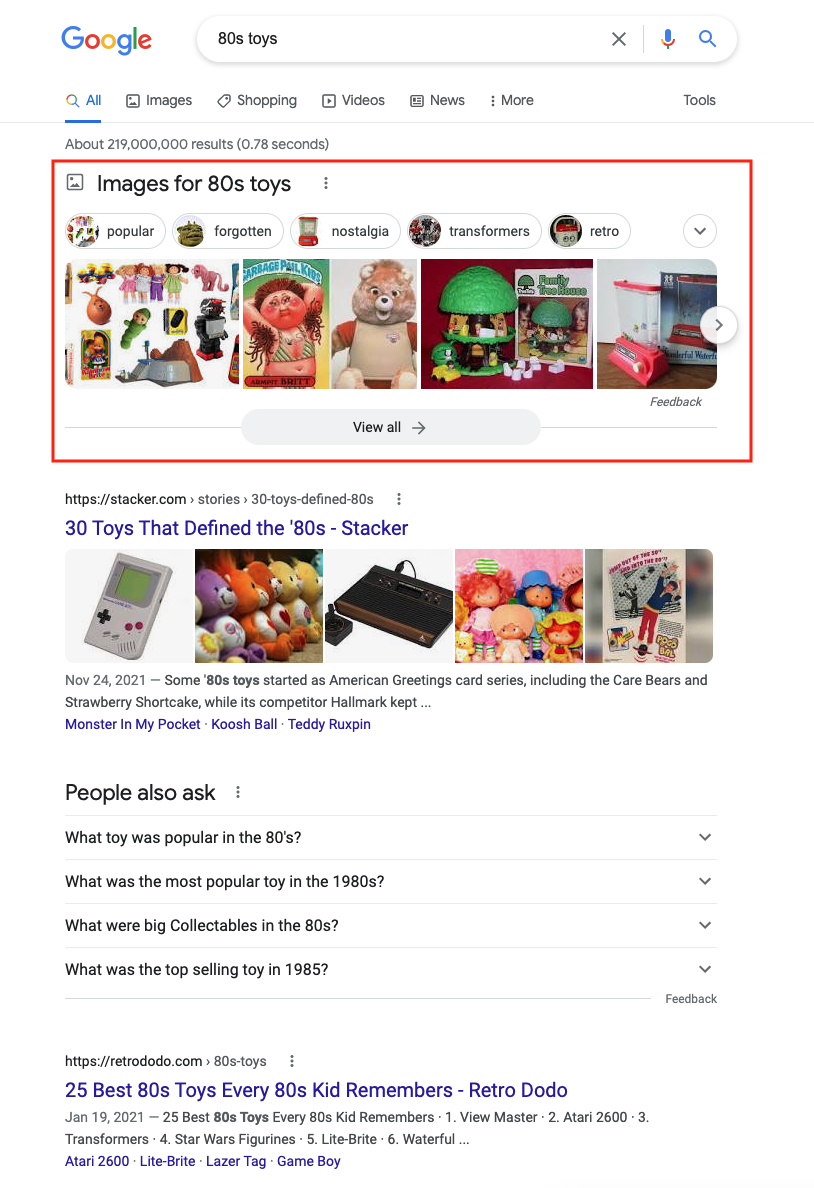 Image Carousel at the top of the SERPs for 